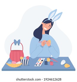 A woman painting Easter eggs.  Happy woman preparing for Easter. Flat vector illustration on a white background.