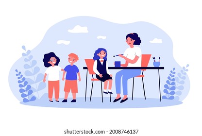 Woman painting faces of children sitting at table. Flat vector illustration. Kids, girls and boy getting drawings on their faces from mother or teacher. Joy, face-art, drawing, childhood concept