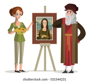 woman painting a mona lisa with da vinci