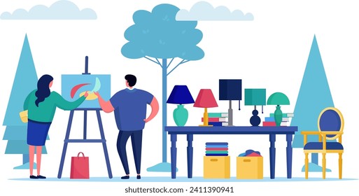 Woman painting on canvas with man watching. Artists creating artwork in studio. Creativity and collaboration vector illustration.