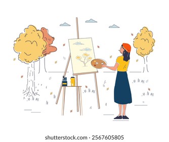 Woman painting outdoors. Young girl with palette and brush in hands paints on canvas. Creativity and art. Hobby and leisure. Talented artist on nature. Linear vector illustration