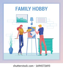 Woman Painting Picture, Man Helping. Family Hobby in Leisure Time. Girl Holding Equipment for Activity as Brush, Watercolor Palette, Standing near Easel. Studio with Artwork Flat Vector Illustration.