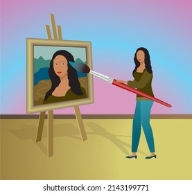 Woman painting self portrait. Vector illustration.