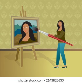 Woman Painting Self Portrait. Vector Illustration.