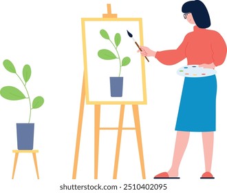 Woman painting still life on canvas. Artist character