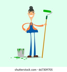 Woman painting the wall holds the hands of the roller. Vector illustration.