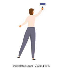 Woman is painting a wall with a paint roller, reaching high to cover the entire surface