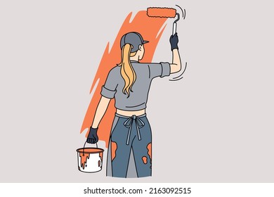 Woman painting wall with roller. Female worker or employee renovate room by herself. Renovation and interior design concept. Vector illustration. 