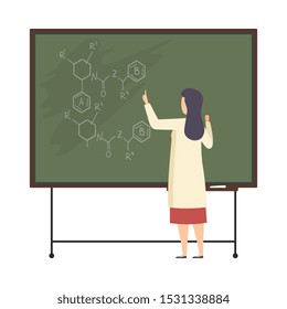 Woman paints chemical compounds on the blackboard vector illustration