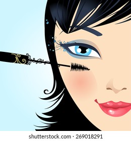 Woman paints the eyelashes makeup mascara. Vector beauty illustration with floral vintage elements.