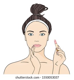Woman paints her lips with lipstick on a white background. Colorful vector illustration in sketch style. Hand-drawn.
