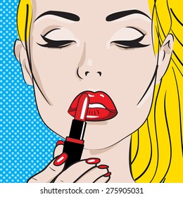 Woman Paints Her Lips. Pop Art Style Illustration. Hand Drawn Makeup Set.