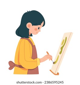 Woman paints on canvas. Artist creating picture. World art day. Young girl draws picture with paints, artist at work. Creative personality, hobby. Imagination and creativity concept. Vector