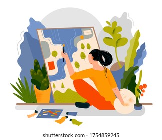 Woman paints a picture sitting on the floor, dreams of nature trips. Mental health support creative concept. Flat vector illustration in modern style.