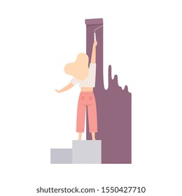 Woman Paints The Wall With Roller In Lilac Flat Vector Illustration