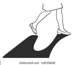 A woman with a pair of shoes walking with a shadow.   