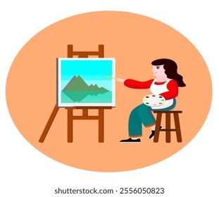 woman paiting landscape in a picture