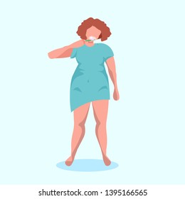 Woman In Pajama Brushing Teeth Girl In Home Wear Standing Pose Overweight Female Cartoon Character Flat Full Length