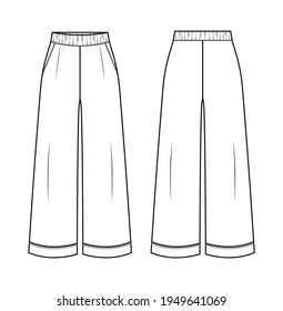 Woman pajama pants in vector graphic.Woman pants with pockets, folds and decorative piping.Homewear fashion isolated illustration template.Scheme front and back views.