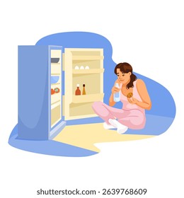 Woman in pajamas drinks milk and eats cookie near open fridge, cartoon style on white and blue background. Concept of late-night snacking. Vector illustration