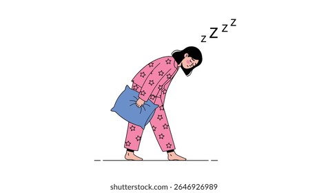 Mulher de pijamas segurando travesseiro andando sonolenta exausta cansada depois de não dormir bem se sentindo sonolenta