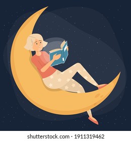 Woman in pajamas reading interesting book at night. Female character sitting on a golden moon with opened book. Concept of imagination. Stars in the night sky.