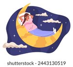 Woman in pajamas sleeping on moon against background of clouds and stars. Girl with braid put her hands behind her head and sleeps sweetly on pillow. Vector flat illustration.
