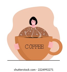 A woman in pajamas stands with a huge mug of coffee and smiles. Vector illustration