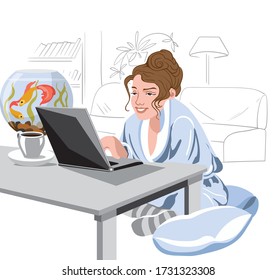 Woman in pajamas staying at the laptop, while drinking a cup of coffee. Fishes calmly swimming in aquarium.Vector