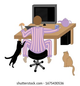 Woman In Pajamas Is Working At The Computer. Her Two Cats Are Nearby. Illustration Of Working At Home During The Coronavirus Pandemic.