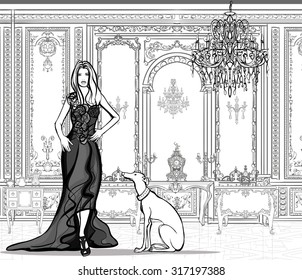 Woman in a palace with a greyhound - vector illustration