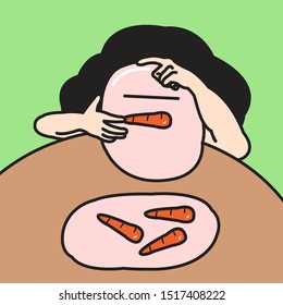 Woman With A Pale Pink Plate And A Piece Of Carrot Covering Up To Her Face In A Boring Mood Concept Card Character illustration