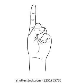 Woman palm hand, fingers bent, index finger pointing upwards, sketch draw from contour black brush lines different thickness on white background. Vector illustration.