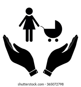 Woman with palm in hand icon, care symbol vector illustration. Flat design style