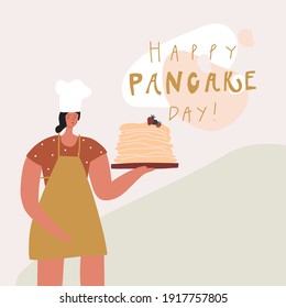 Woman with pancakes stack. Handwritten phrase : happy pancake day. Vector template for postcard sticker print poster