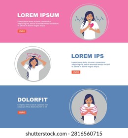 Woman panic attack anxiety and dizziness symptoms banner set vector illustration