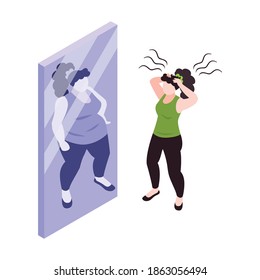 Woman with panic attack in front of mirror 3d isometric concept vector illustration