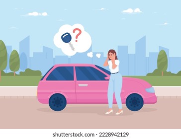 Woman with panic attack near car flat color vector illustration. Driver lost ignition key. Fully editable 2D simple cartoon character with city street on background. Balsamiq Sans Regular font used