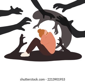 Woman with panic attack, PTSD, phobias, fears, phobias, Paranoia, hallucinations, schizophrenia. Psychological problems. Mental health collection. Flat vector illustration