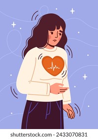 Mujer con ataque de pánico. Chica joven cerca de problemas con el corazón y la psicología. Enfermedad mental. Persona en shock y pánico. Ilustración plana del vector de la historieta aislada sobre fondo blanco