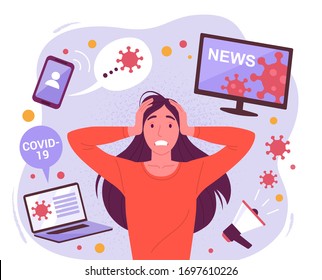 Woman in a panic from a coronavirus. Vector illustration of a young attractive stressful woman surrounded by social media devices with virus information. Isolated on background