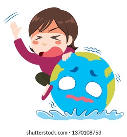 Woman in panic crying for help on sinking earth globe global warming environmental crisis concept