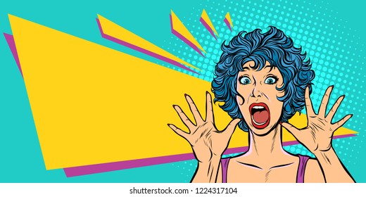 woman panic, fear, surprise gesture. Pop art retro vector illustration. Girls 80s