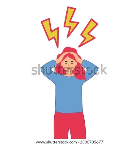 woman in panic lightning over her head. Woman in shock, and lightning over her.