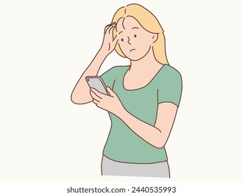 woman panic looking at smartphone screen. vector illustration