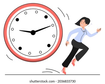 Mujer en pánico huyendo del vector gigante aislado del reloj. Concepto de plazo y falta de tiempo. Empresario tratando de hacer trabajo a tiempo. Hermosa mujer con traje de prisa.