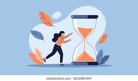 Woman in panic running towards an hourglass time is running out concept