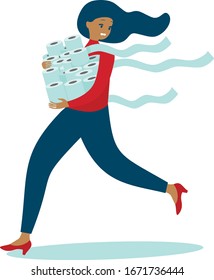 Woman in panic shopping in a supermaket grabs toilet paper in bulk due to coronavirus crisis. covid-19  pandemic concept. flat vector illustration