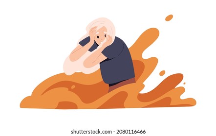Woman in panic and stress. Anxious person with mental problems. Fears and phobias, psychology concept. Scared terrified female afraid of fire. Flat vector illustration isolated on white background