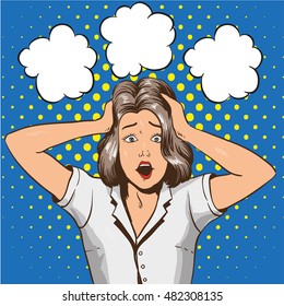 Woman in panic. Vector illustration in pop art retro style. Stressed girl in shock grabs her head in hands.